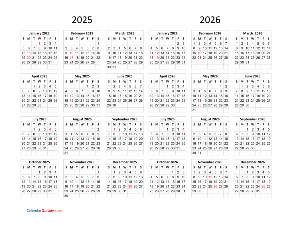 2025 and 2026 calendar with holidays printable free word - UK Printable Hub