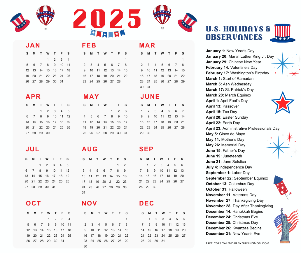 calendar 2025 with holidays printable