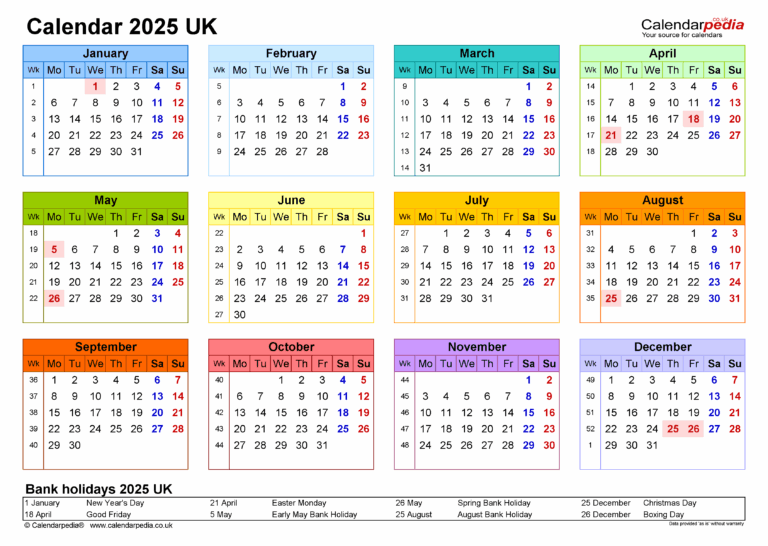 Calendar 2025 UK Free Printable PDF Templates