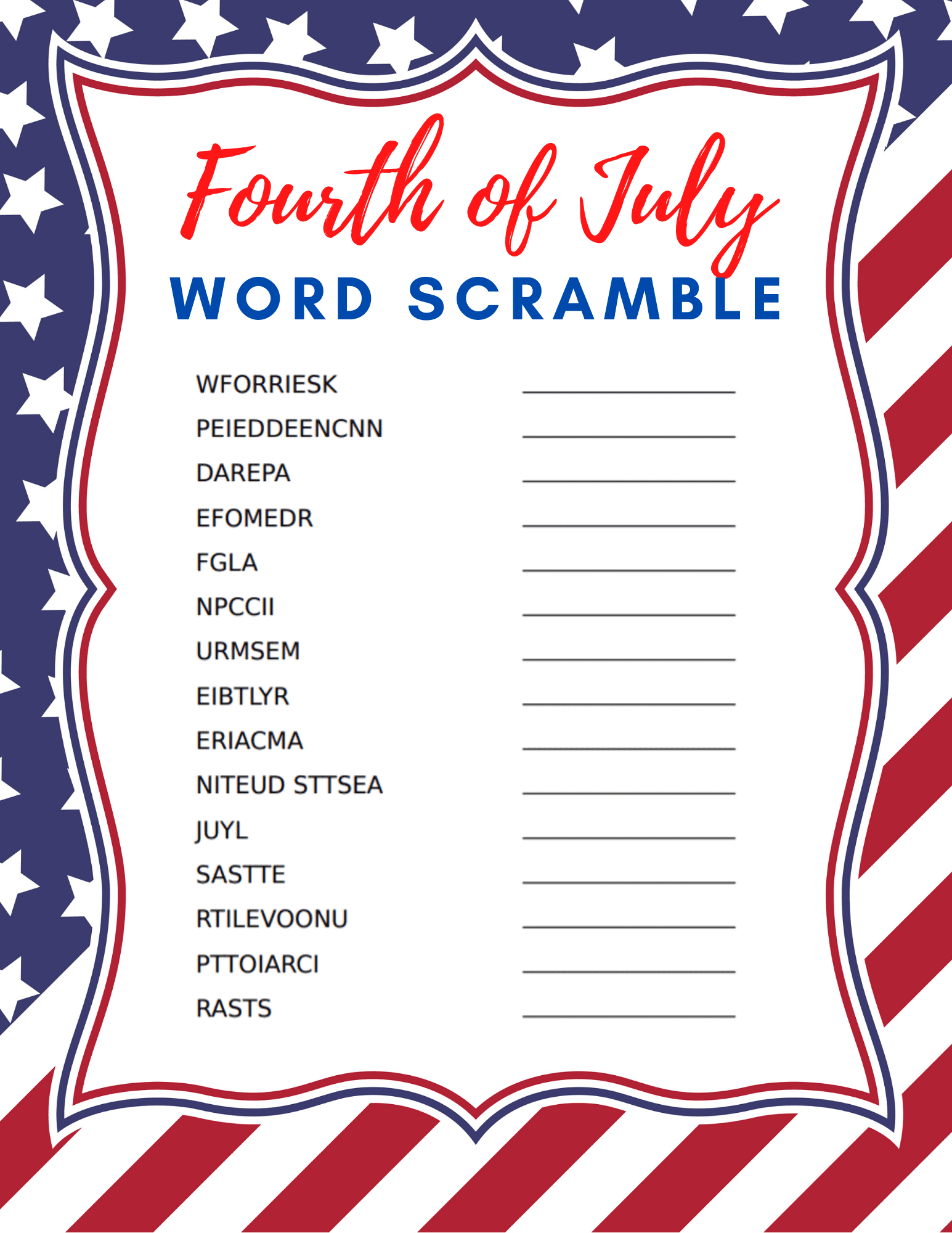 fourth of july word scramble