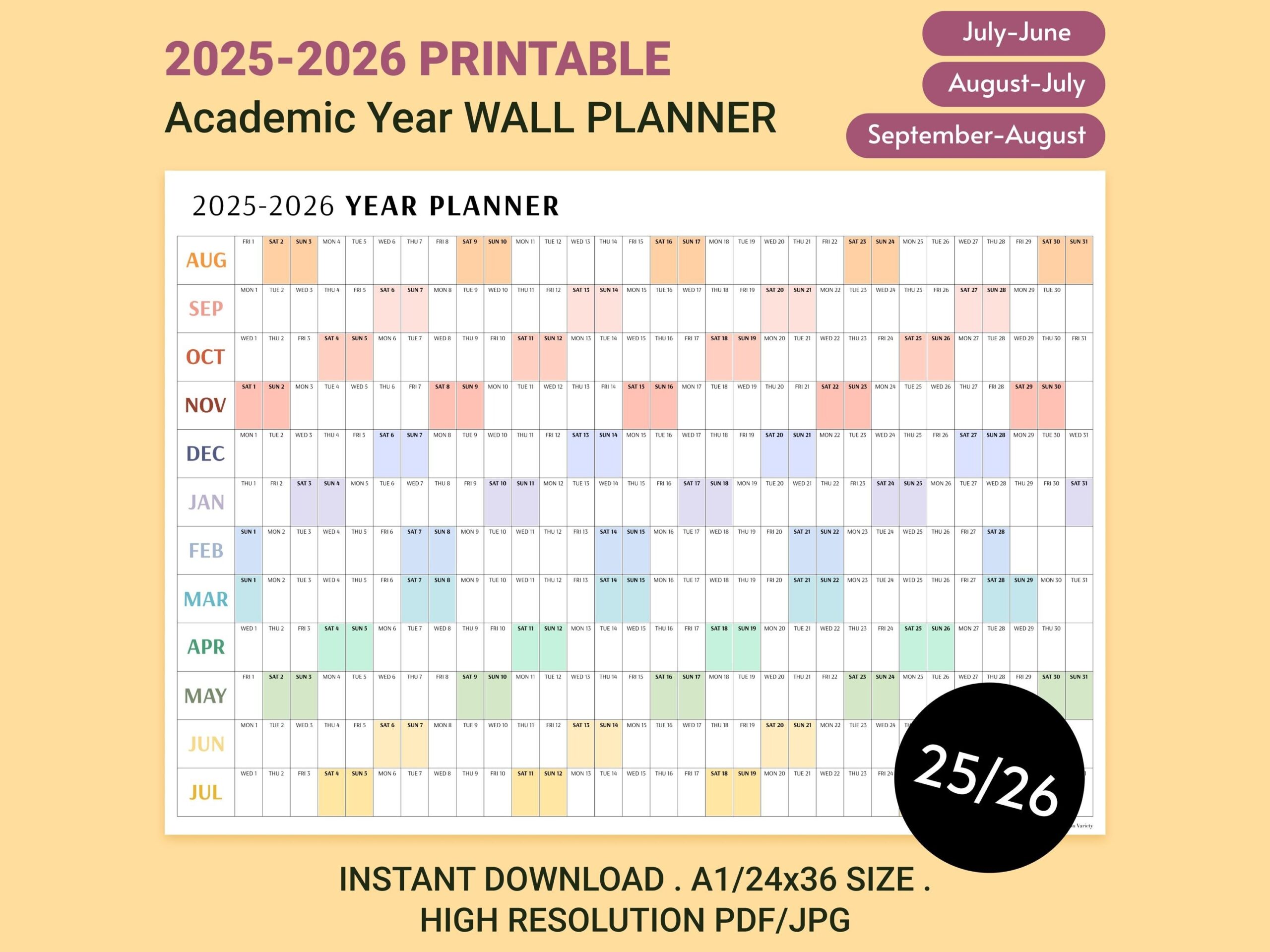 2025 2026 Calendar Printable Calendar Academic Wall Planner Colorful Year View digital Download Etsy