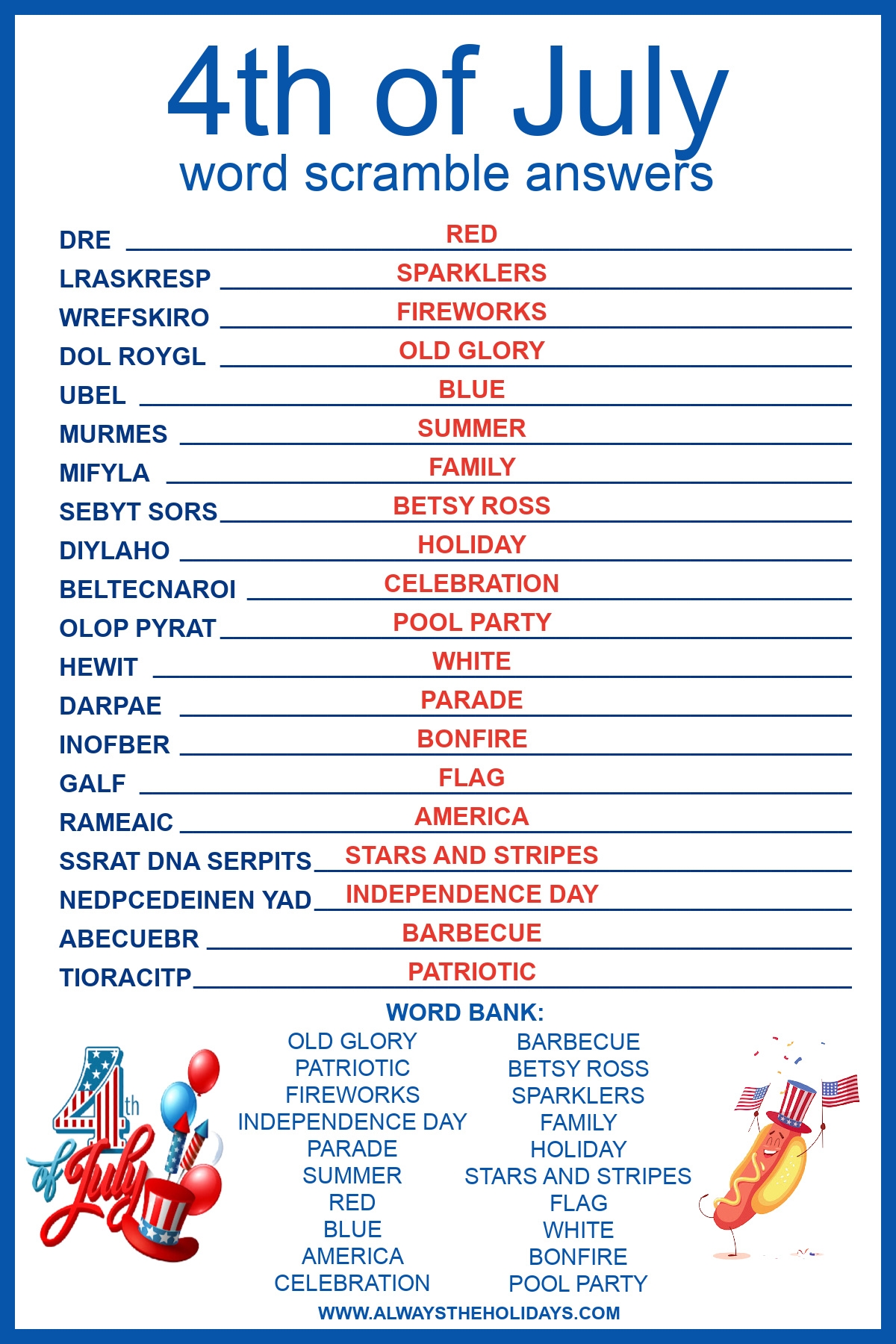 4th Of July Word Scramble With Answers Included Free Printable 