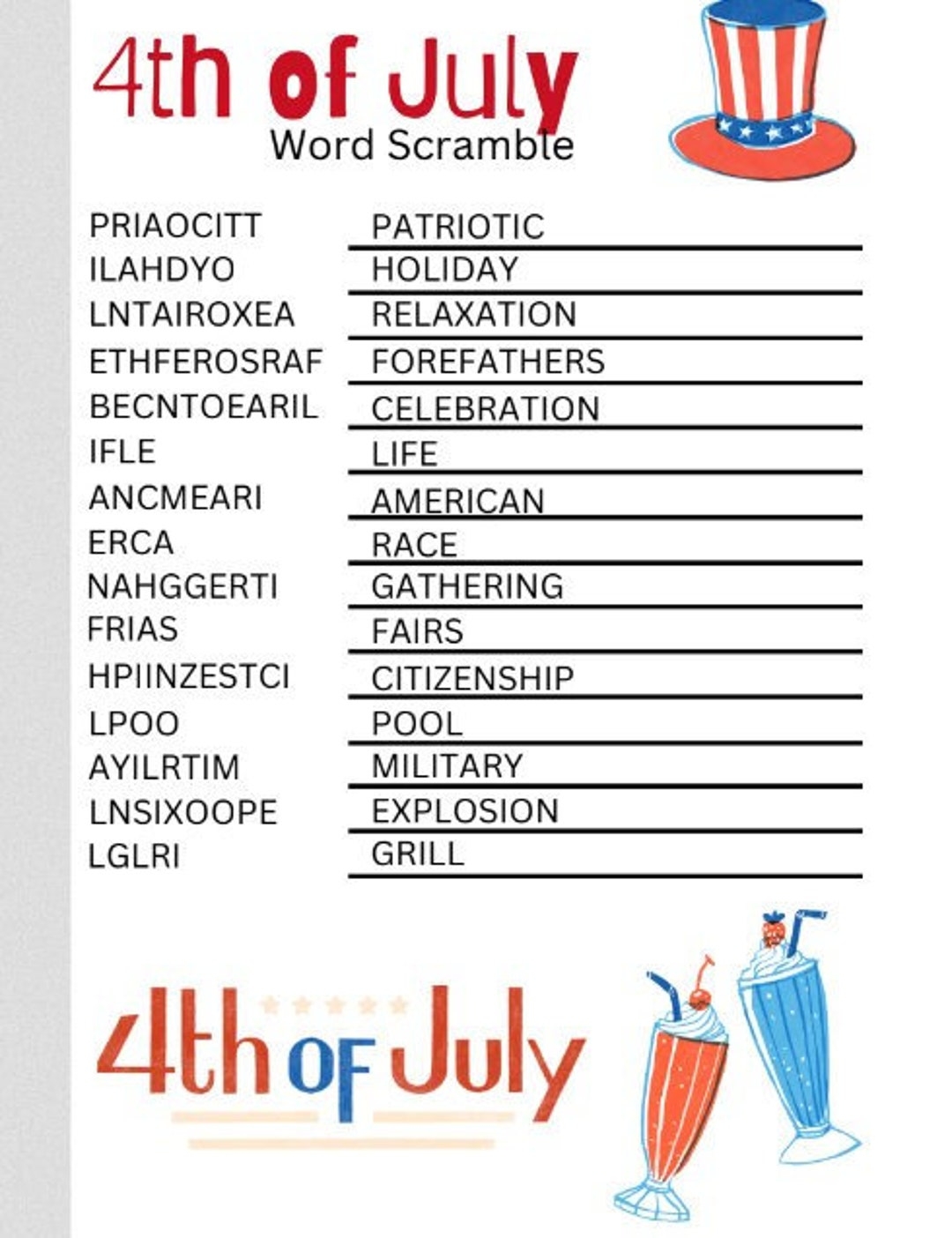4th Of July Word Scrambles And Word Searches Printable Activities And Games Etsy