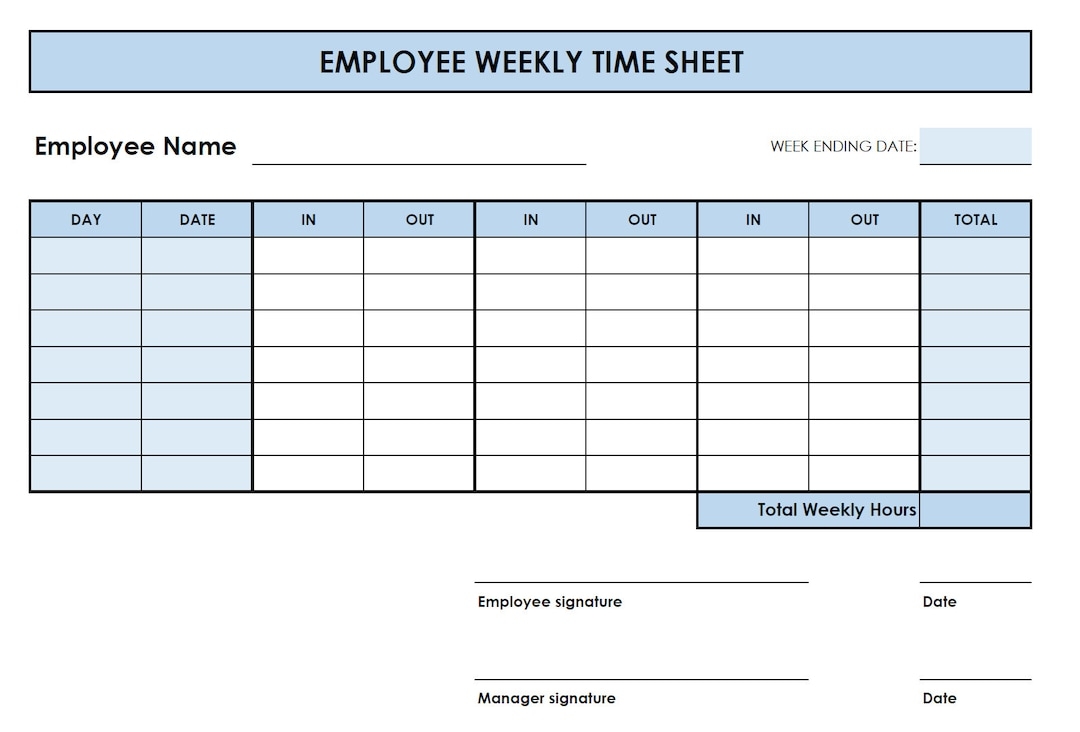 5 Printable PDF Weekly Timesheet Templates Printable Timesheet Time Card Time Tracker Work Log Timekeeping Sheet Etsy