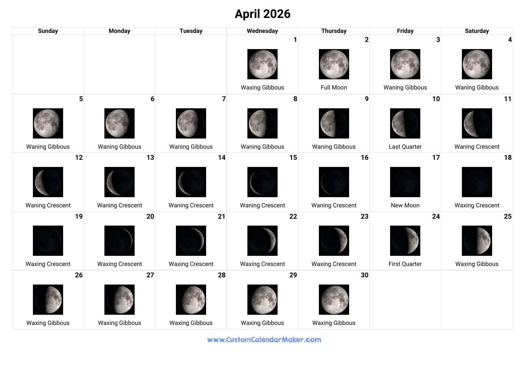 April 2026 Moon Phases Calendar Custom Calendar Maker April 2026 Moon Phases Calendar Custom Calendar Maker