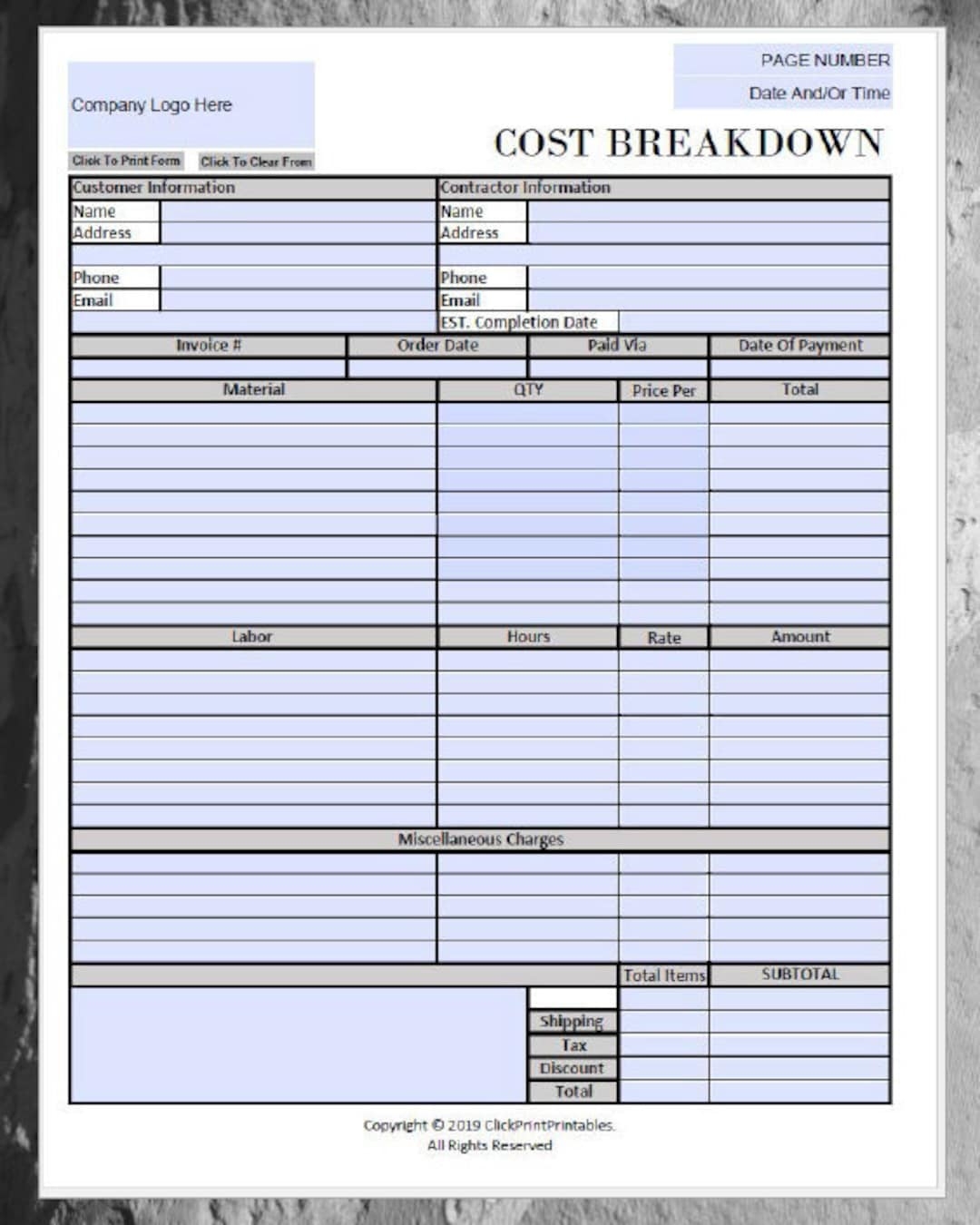 Construction Project Cost Breakdown Template Simple Minimal Editable Downloadable Printable Form Small Business Fill In PDF black And White Etsy