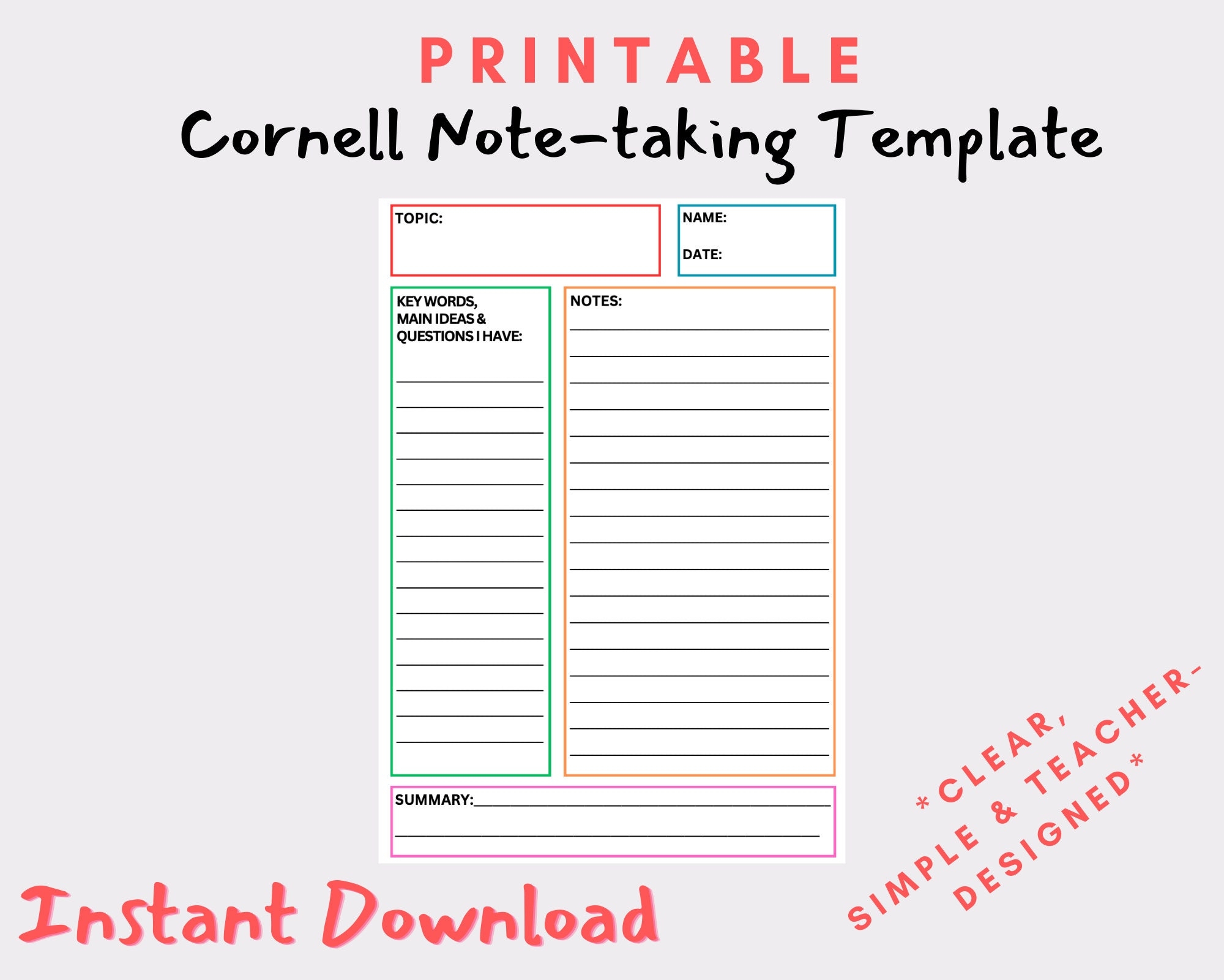 Cornell Note Taking Template simple Etsy