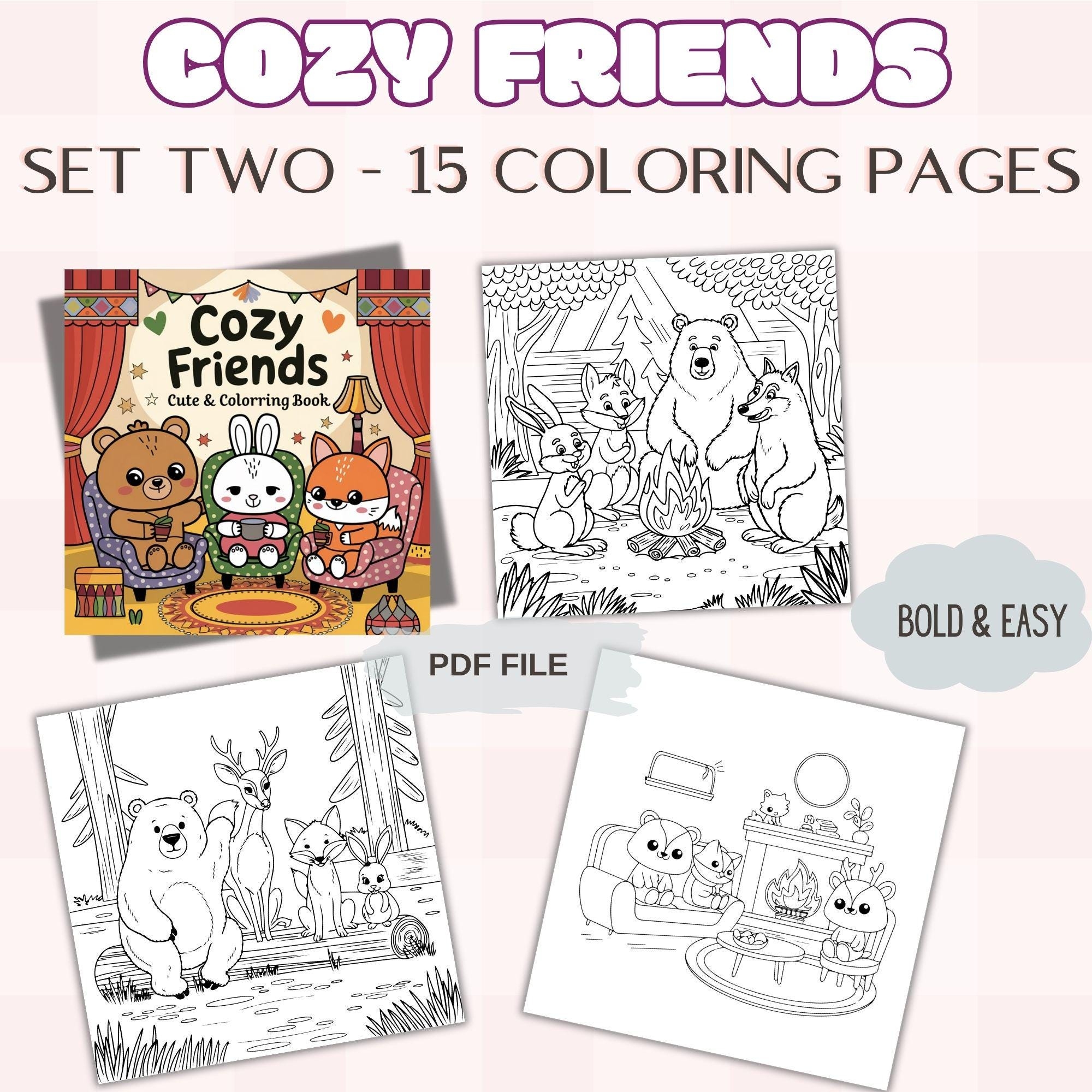 Cozy Friends Coloring Book Adorable Animals Coloring Pages Comfy Relaxation Printable Cozy Friends Digital Download Bold Easy PDF Etsy