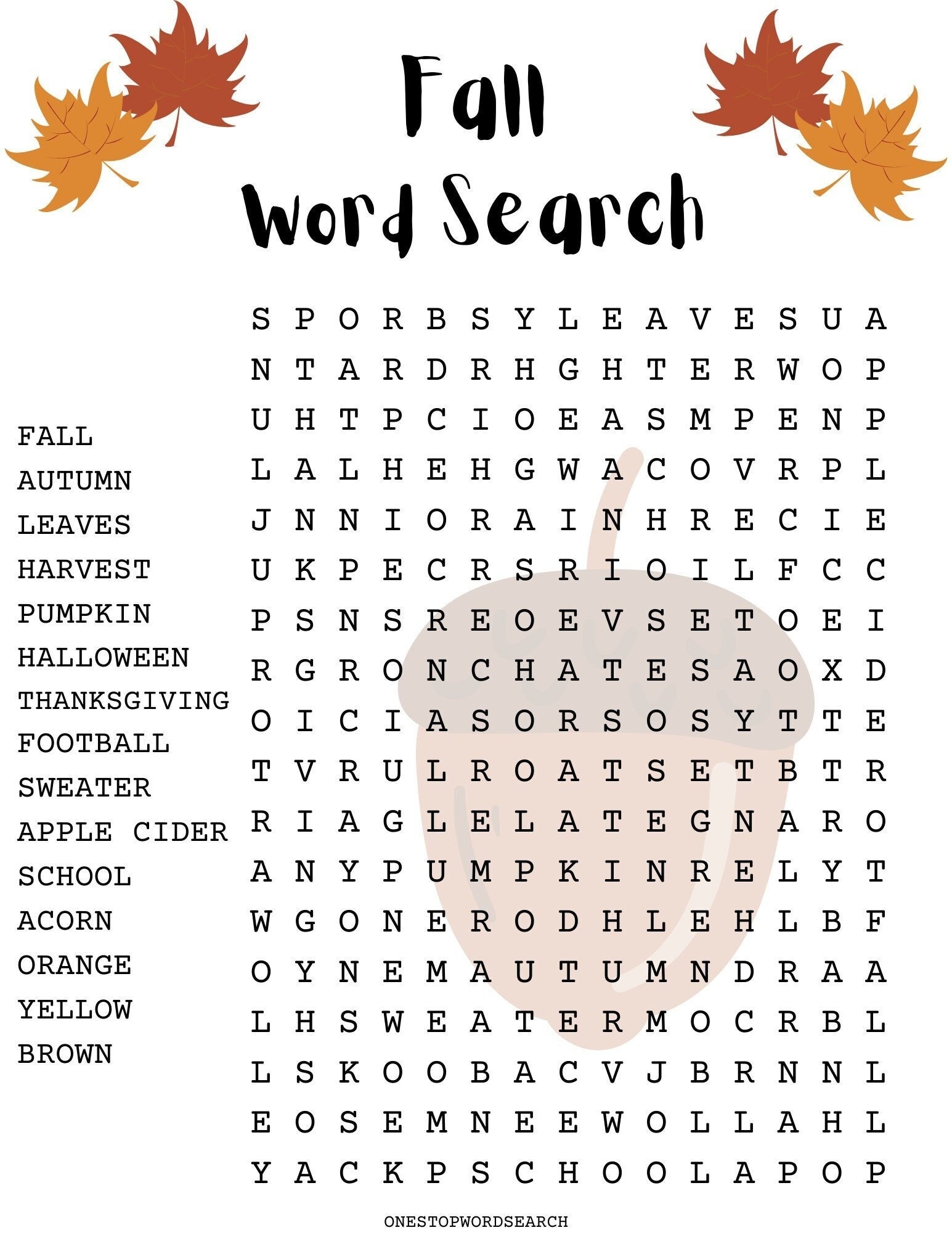 printable fall word search