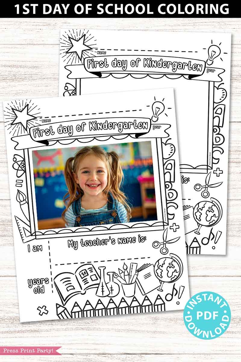 First Day Of Kindergarten Coloring Activity 4x6 Kids Photo Frame Press Print Party 