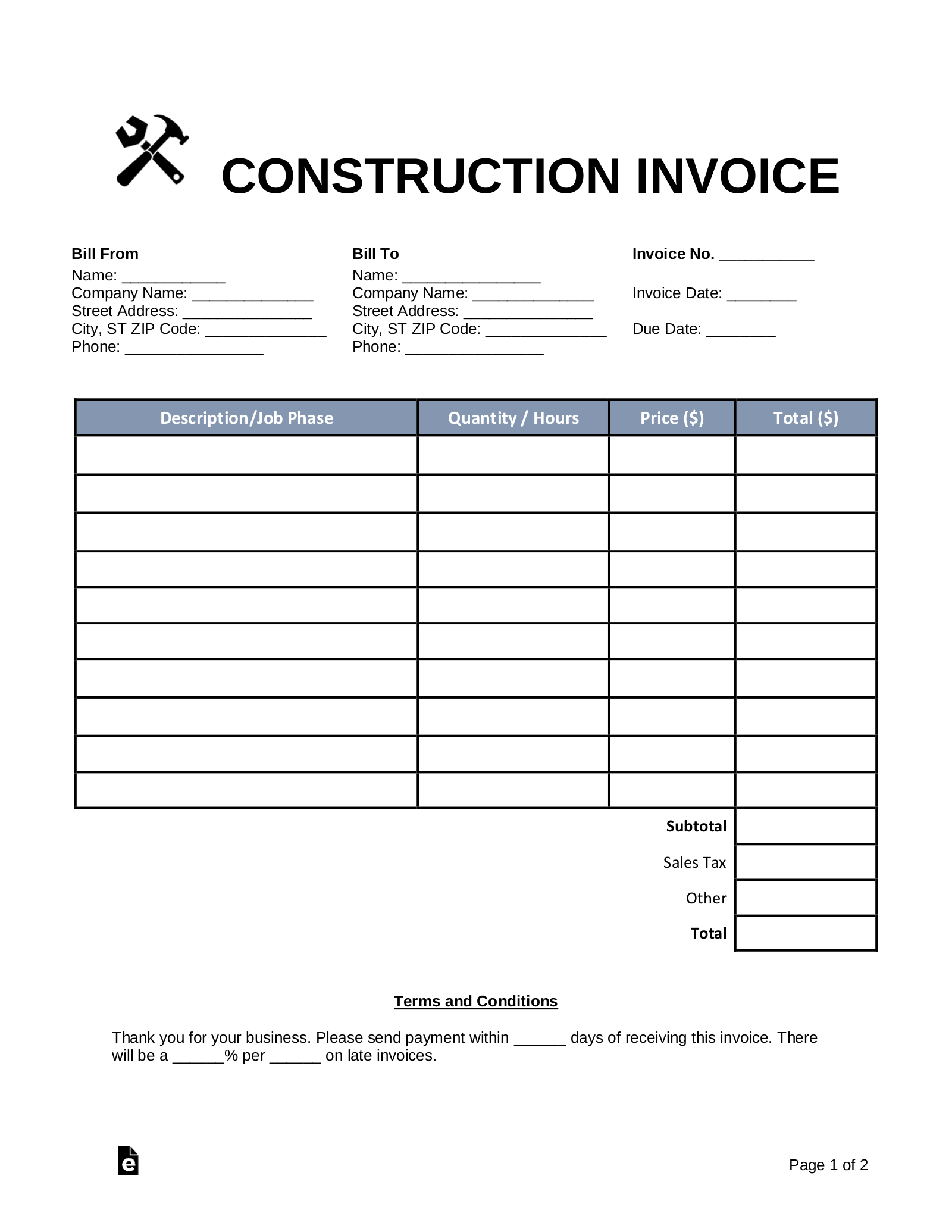 Free Construction Invoice Template PDF Word EForms Free Construction Invoice Template PDF Word EForms