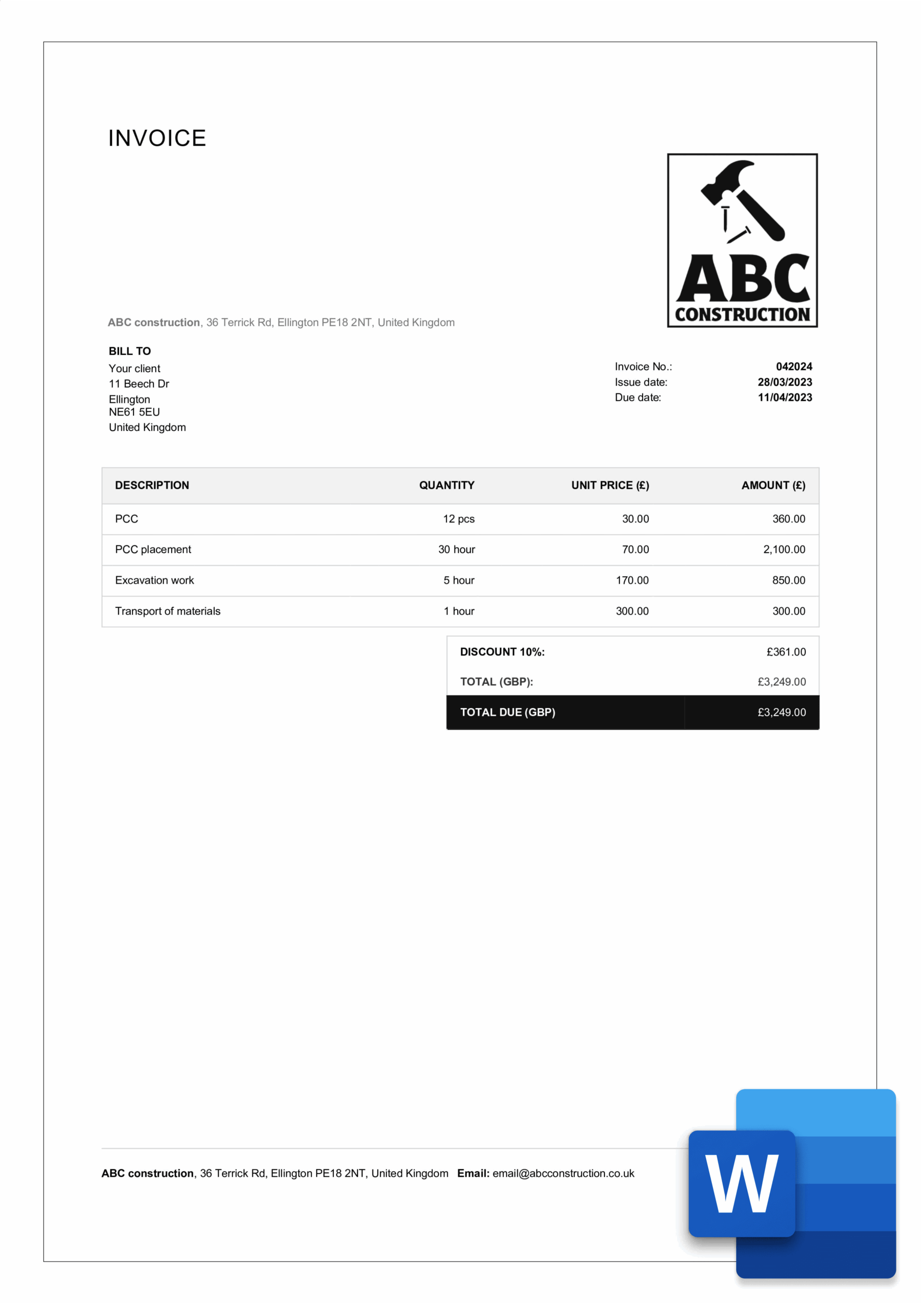 Free Construction Invoice Templates In Word Billdu Free Construction Invoice Templates In Word Billdu