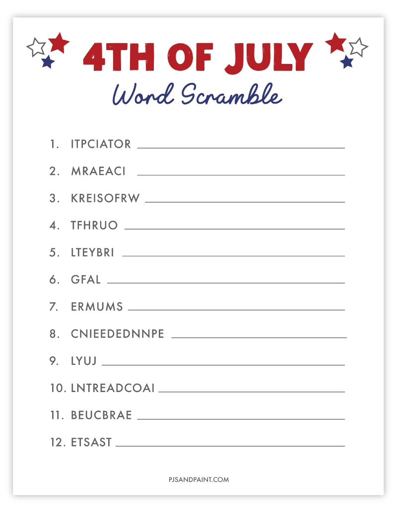 Free Printable 4th Of July Word Scramble Pjs And Paint