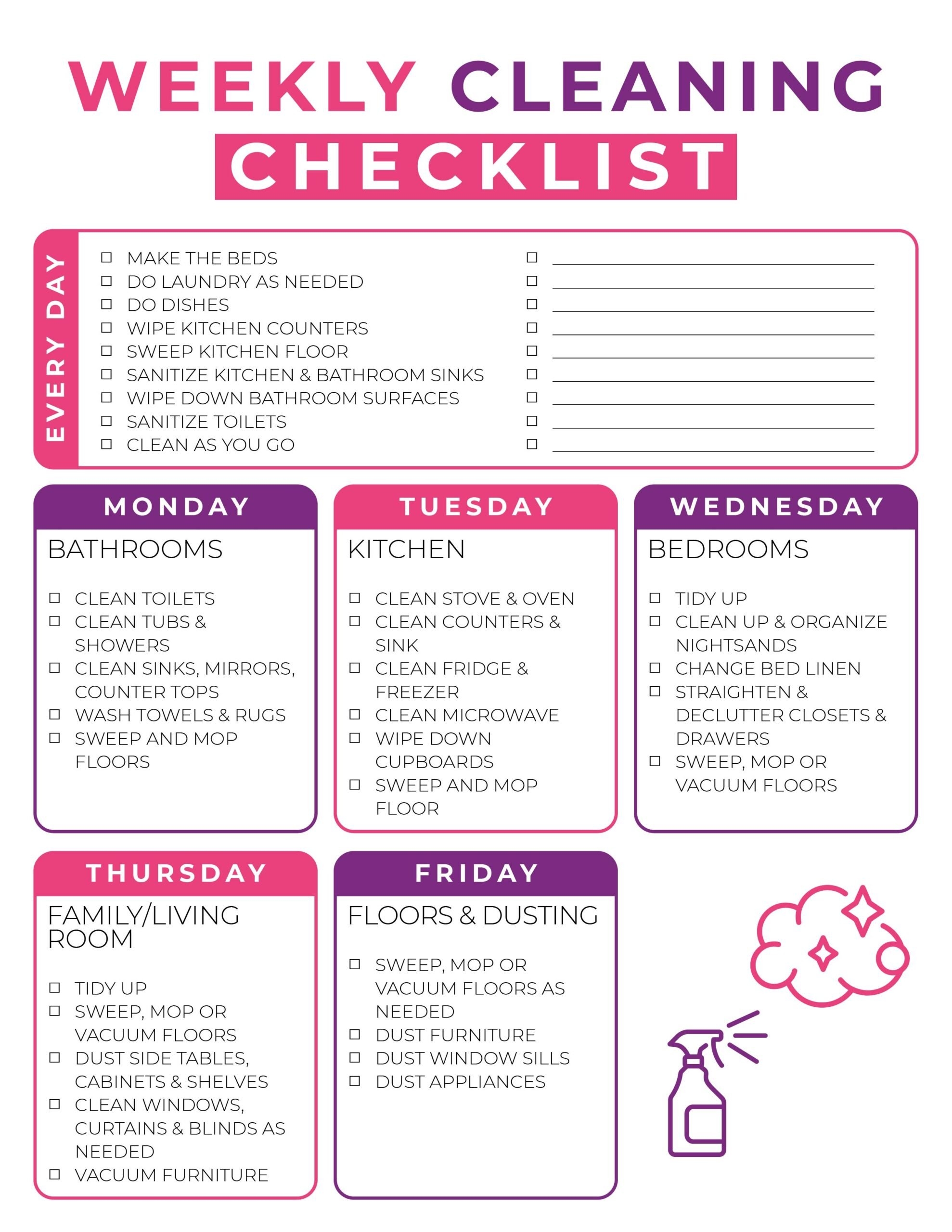 Free Printable Weekly Cleaning Checklist Instant PDF Download The Holy Mess
