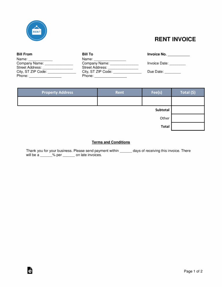 Free Rental Monthly Rent Invoice Template PDF Word EForms