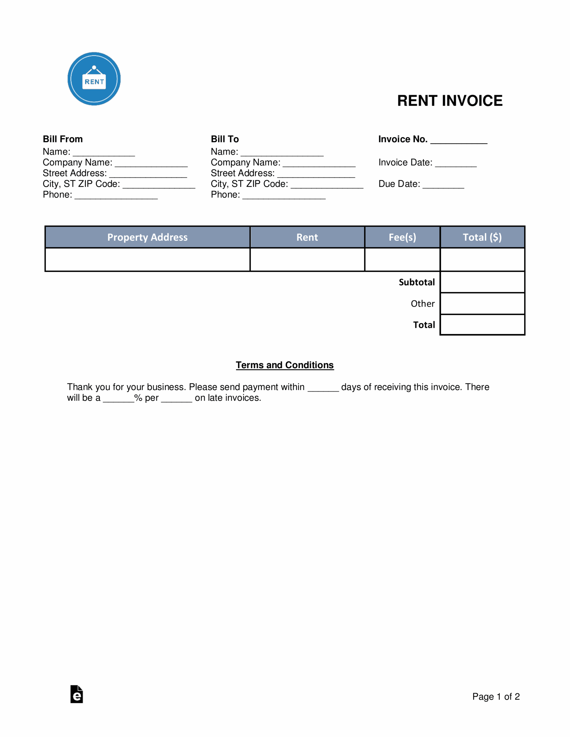 Free Rental Monthly Rent Invoice Template PDF Word EForms Free Rental Monthly Rent Invoice Template PDF Word EForms
