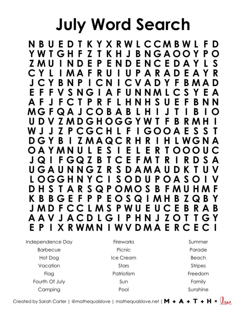 july word search puzzles