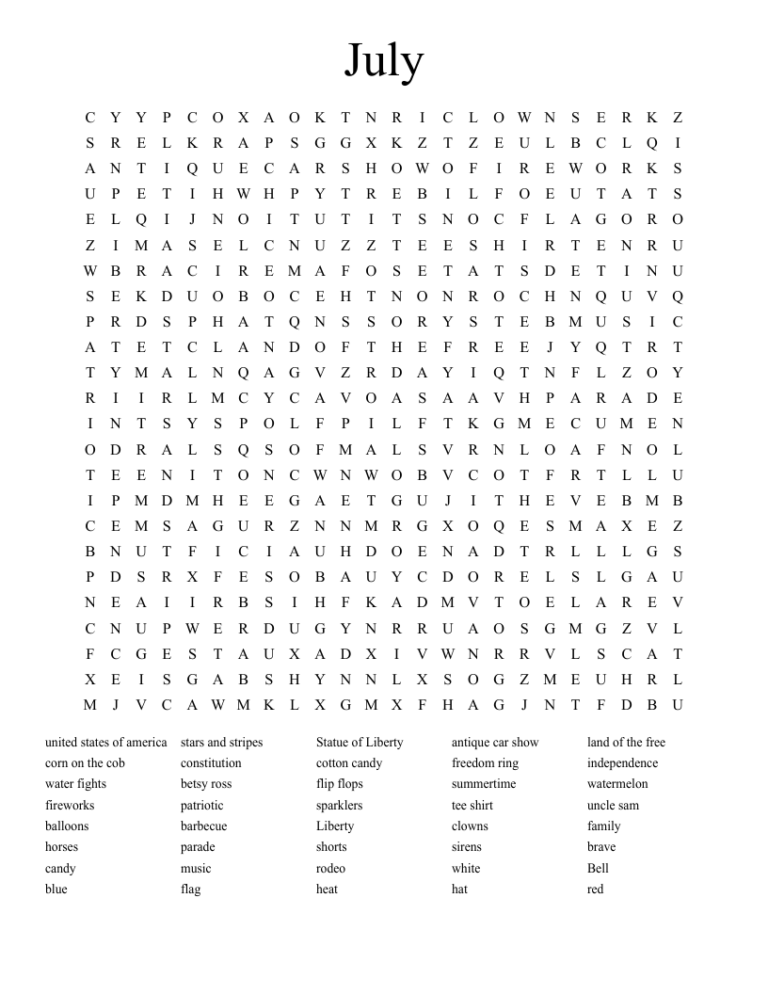 July Word Search WordMint
