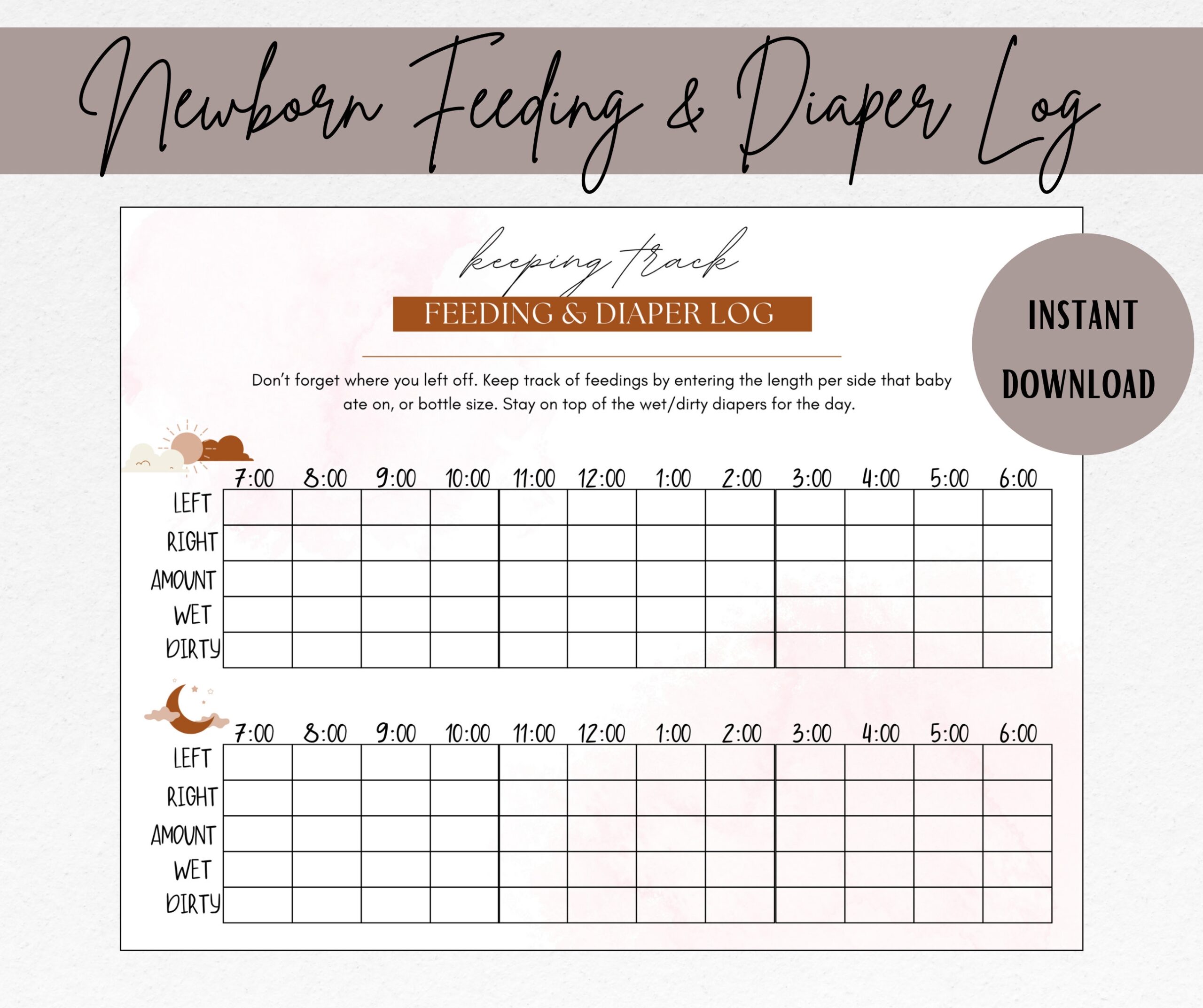 Newborn Feeding Diaper Log Baby Care Tracker digital Download Etsy