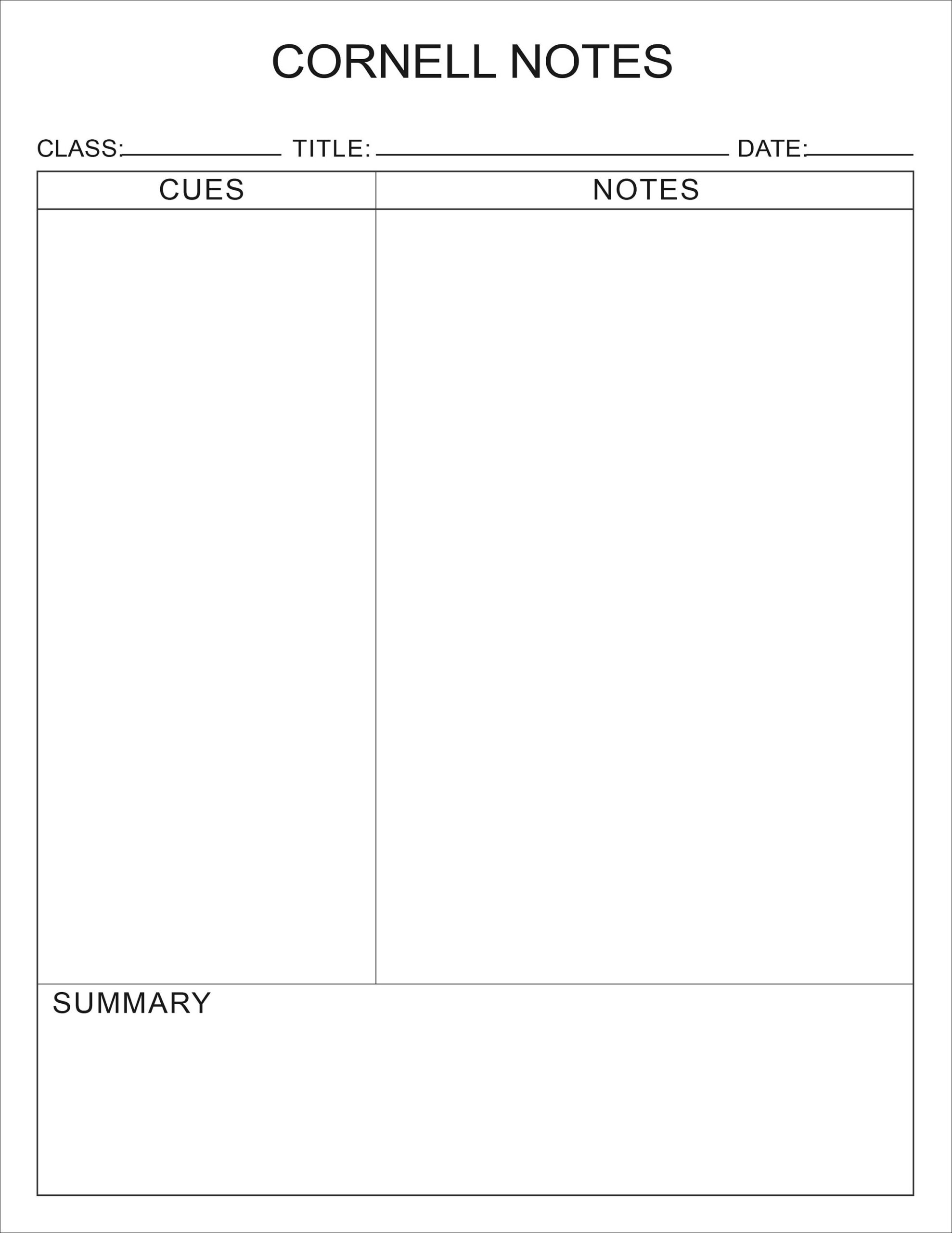 Printable Cornell Notes Plain Template PDF File Etsy