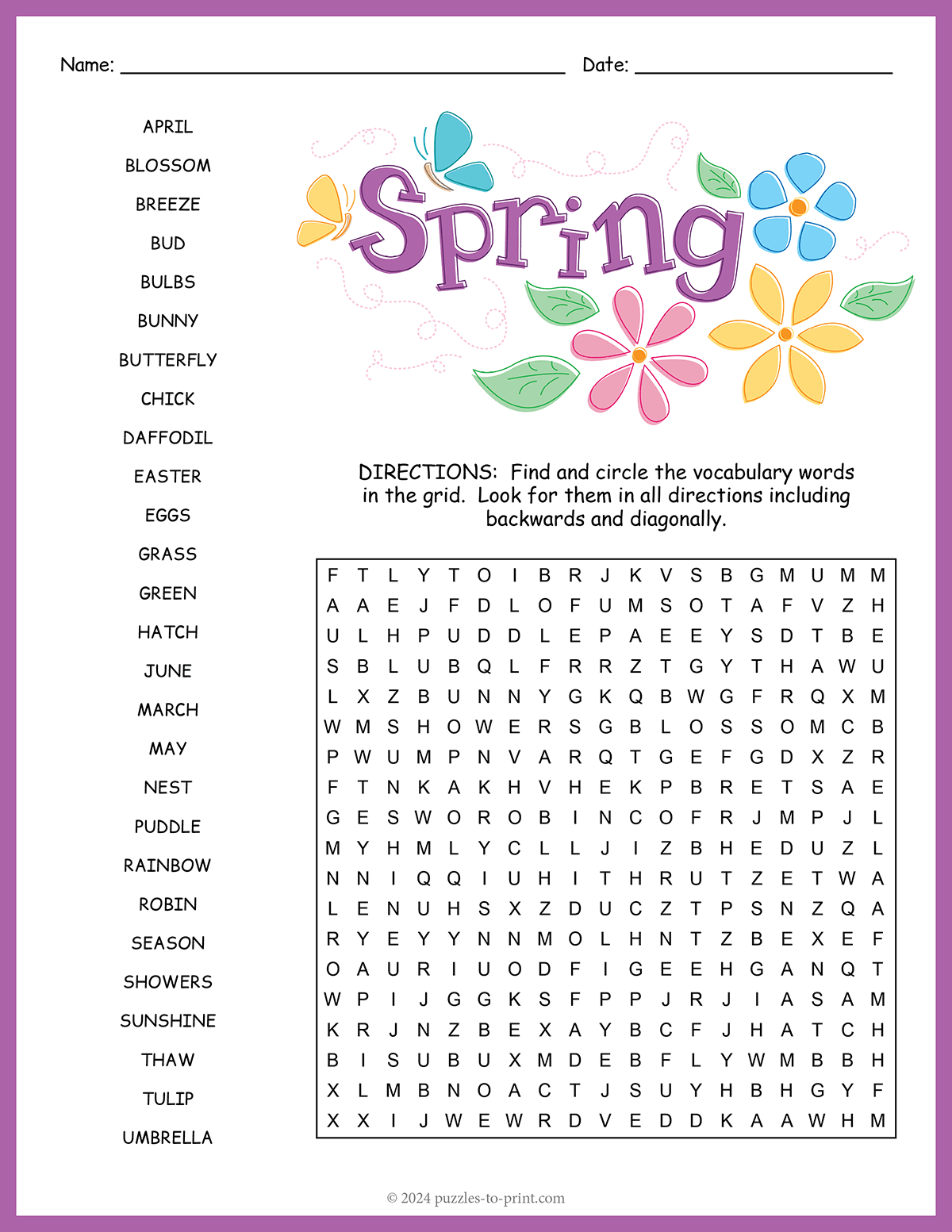 spring word search printable