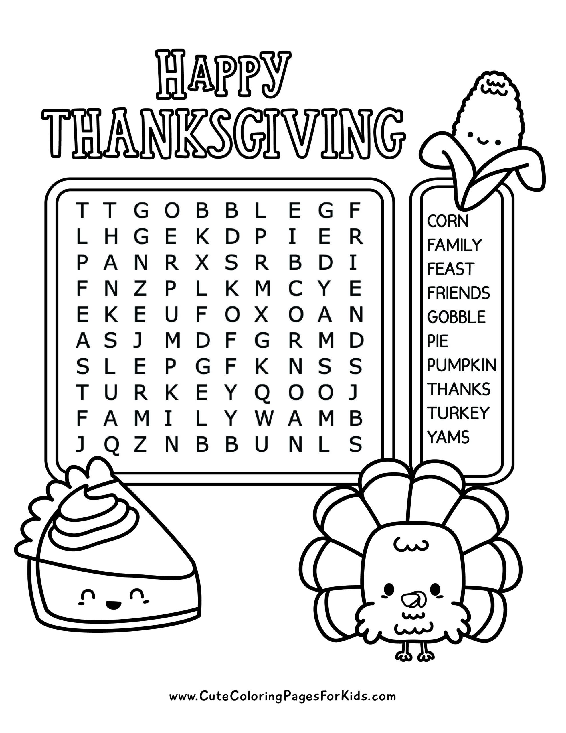 Thanksgiving Word Search Cute Coloring Pages For Kids