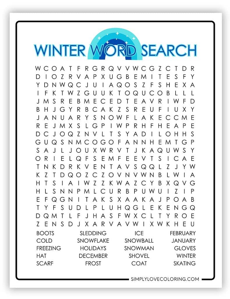 winter holiday word search printable