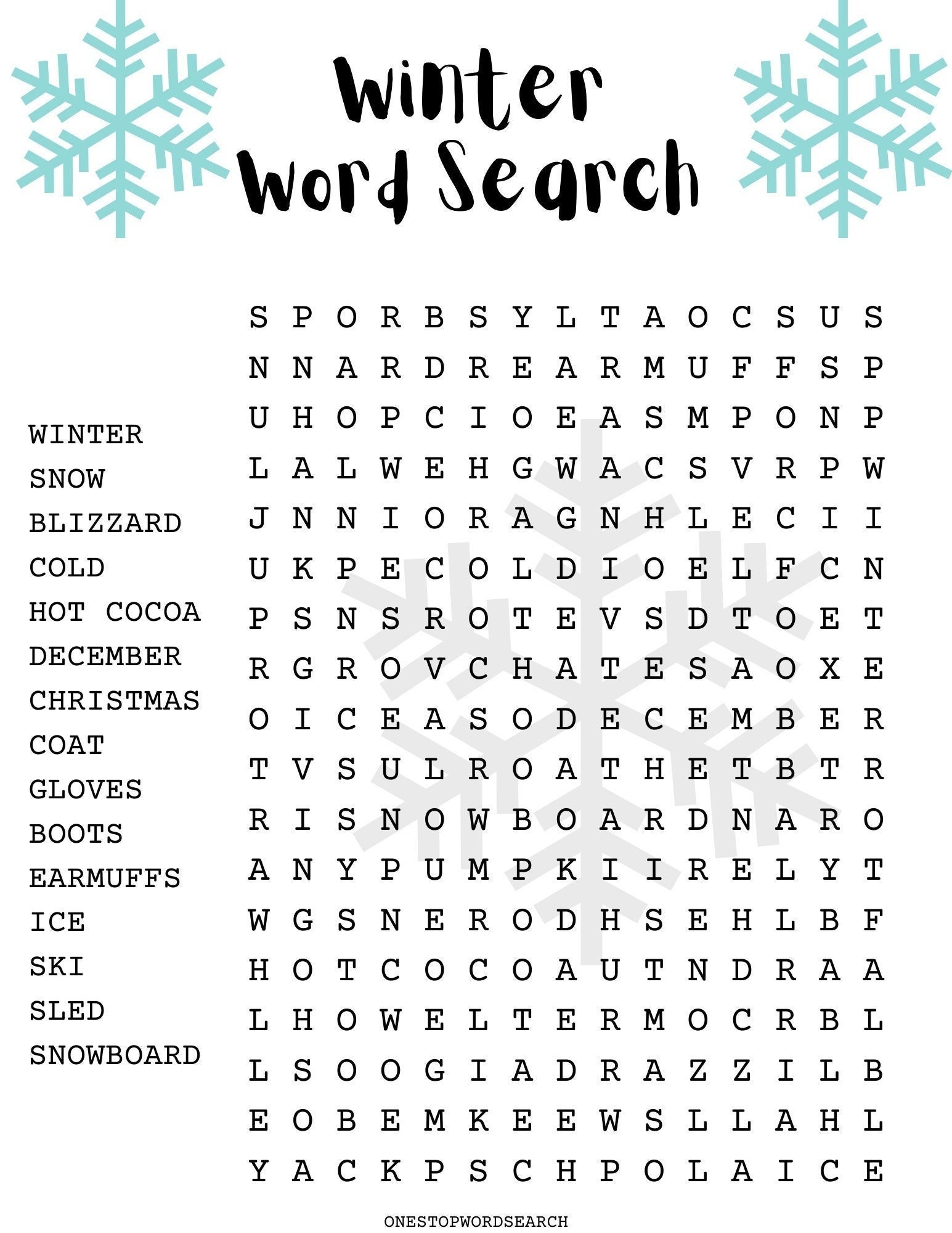 Winter Word Search Puzzle With Answer Sheet Seasonal Puzzles Family Activities Children s Puzzles Etsy