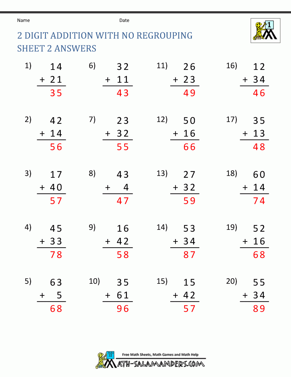 double digit addition no regrouping worksheets