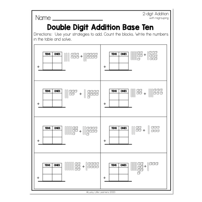 2nd Grade Math Worksheets 2 Digit Addition With Regrouping Double Digit Addition Base Ten Lucky Little Learners