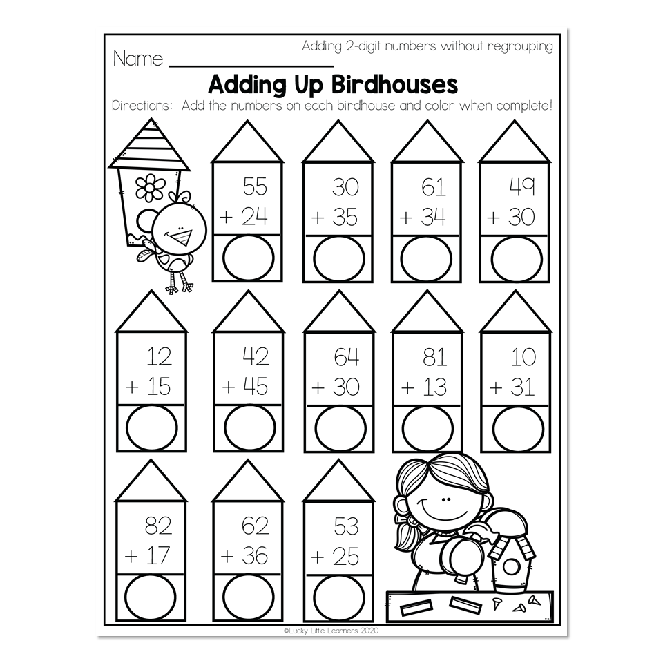2nd Grade Math Worksheets 2 Digit Addition Without Regrouping Adding Up Birdhouses Lucky Little Learners