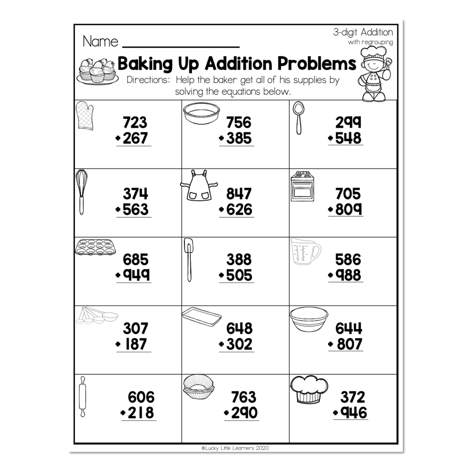 2nd Grade Math Worksheets 3 Digit Addition With Regrouping Baking Up Addition Problems Lucky Little Learners 2nd Grade Math Worksheets 3 Digit Addition With Regrouping Baking Up Addition Problems Lucky Little Learners