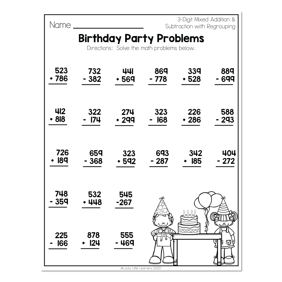 2nd Grade Math Worksheets 3 Digit Mixed Addition And Subtraction With Regrouping Birthday Party Problems Worksheets Library 2nd Grade Math Worksheets 3 Digit Mixed Addition And Subtraction With Regrouping Birthday Party Problems Worksheets Library