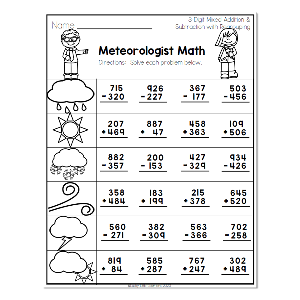 2nd Grade Math Worksheets 3 Digit Mixed Addition And Subtraction With Regrouping Meteorologist Math Lucky Little Learners 2nd Grade Math Worksheets 3 Digit Mixed Addition And Subtraction With Regrouping Meteorologist Math Lucky Little Learners