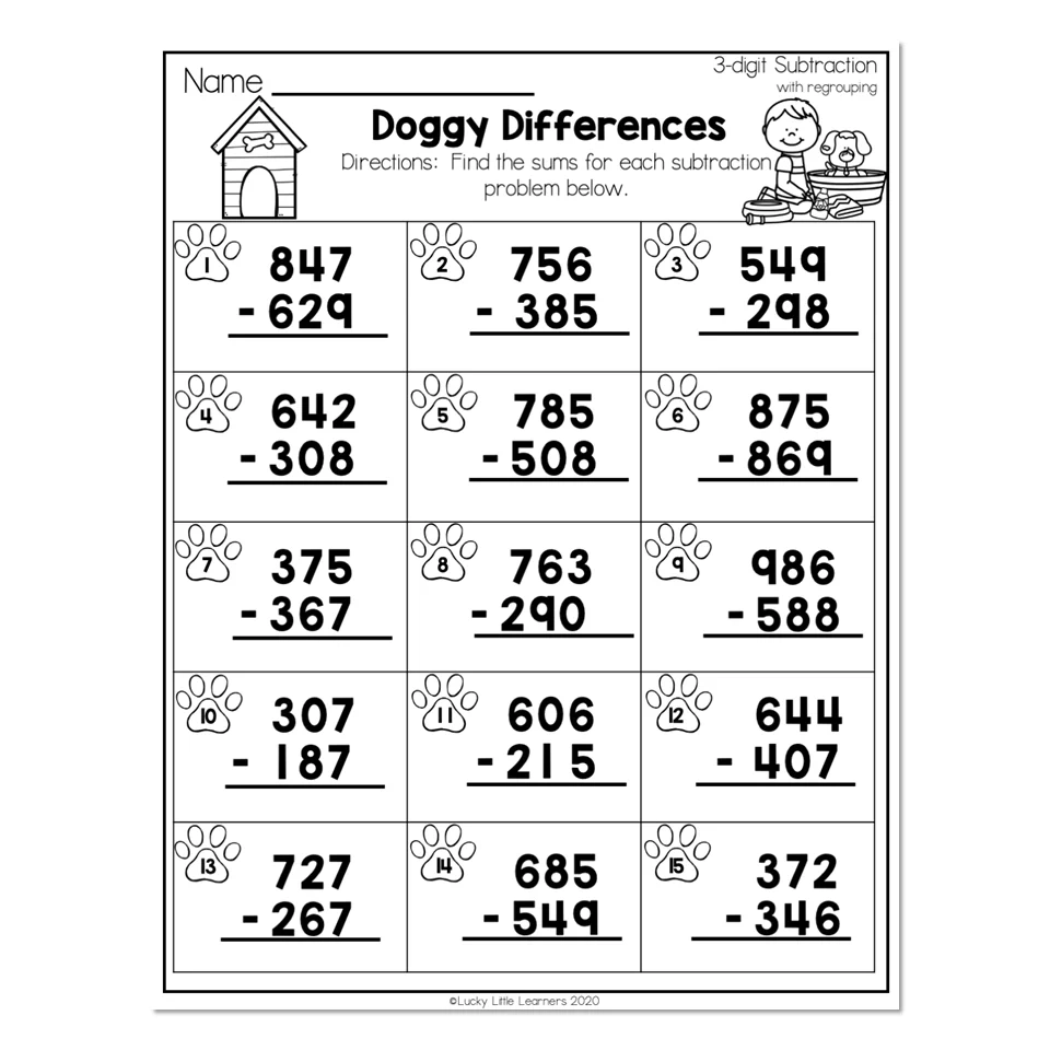 2nd Grade Math Worksheets 3 Digit Subtraction With Regrouping Doggy Differences Lucky Little Learners