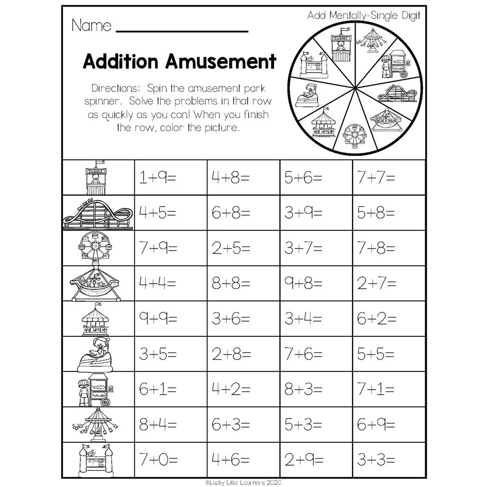 2nd Grade Math Worksheets Operations And Algebraic Thinking Add Mentally Single Digit Addition Amusement Lucky Little Learners