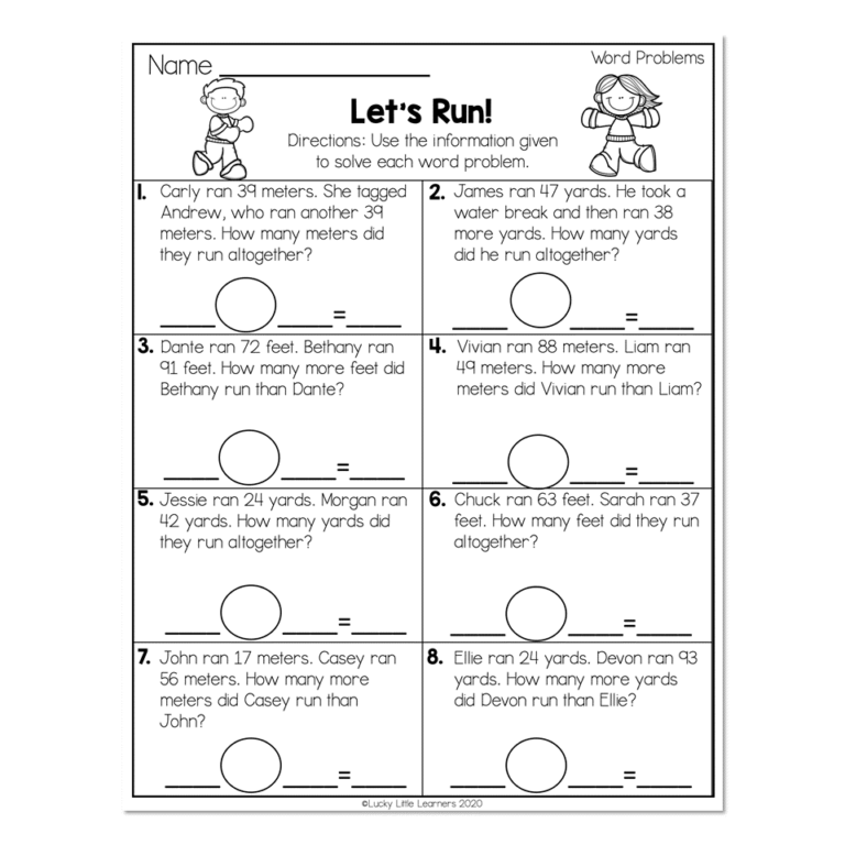 2nd Grade Math Worksheets Word Problems Word Problems Let s Run Lucky Little Learners