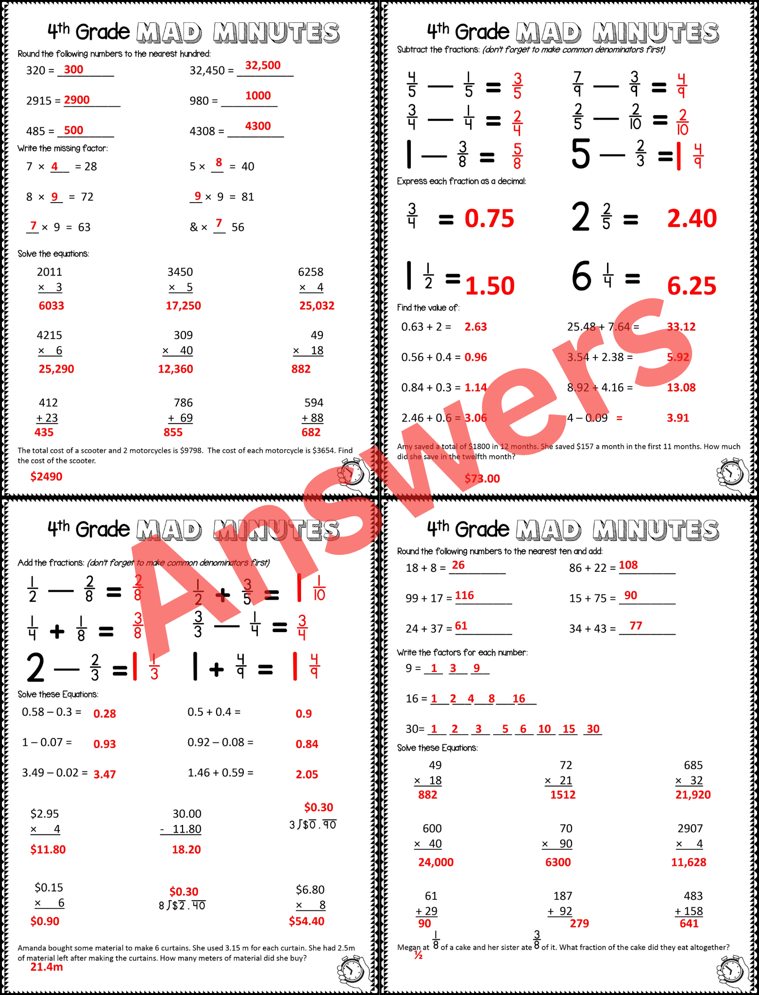 4th grade math review worksheets
