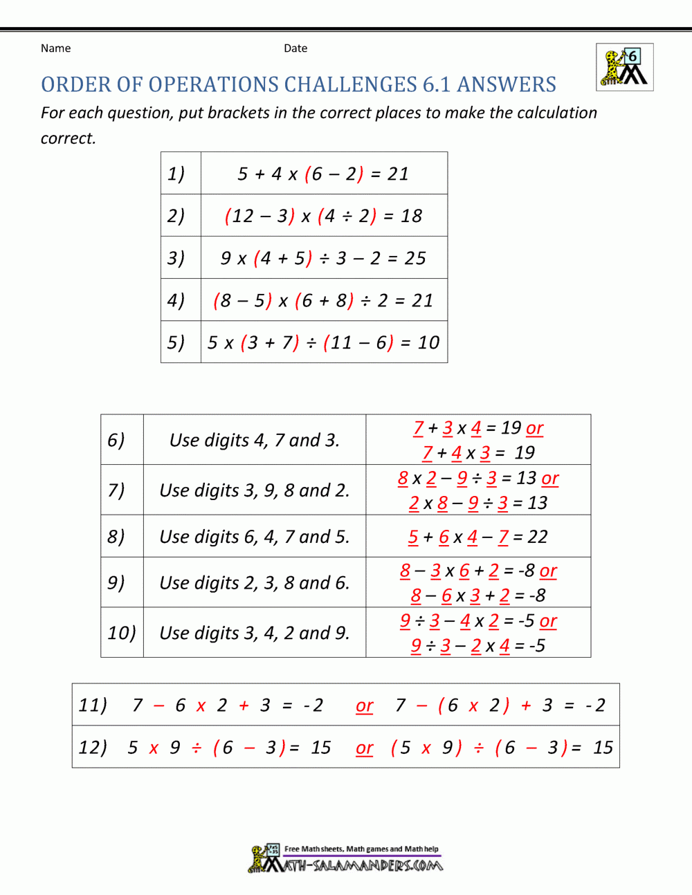 order of operations math worksheets