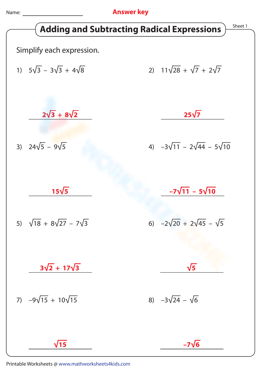 9th Grade Adding And Subtracting Radicals Worksheetzone