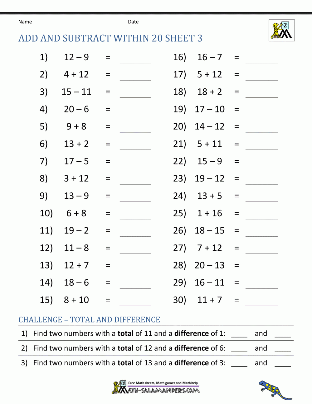 Add And Subtract Within 20 Add And Subtract Within 20