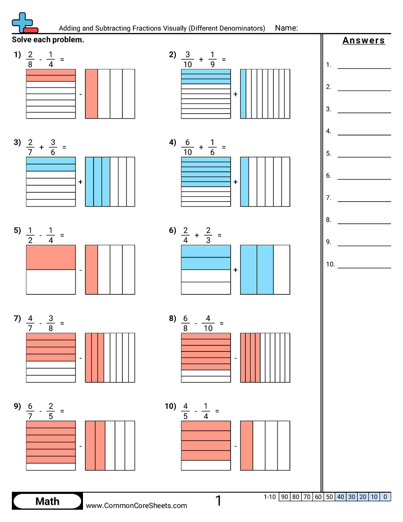 subtracting fractions worksheets