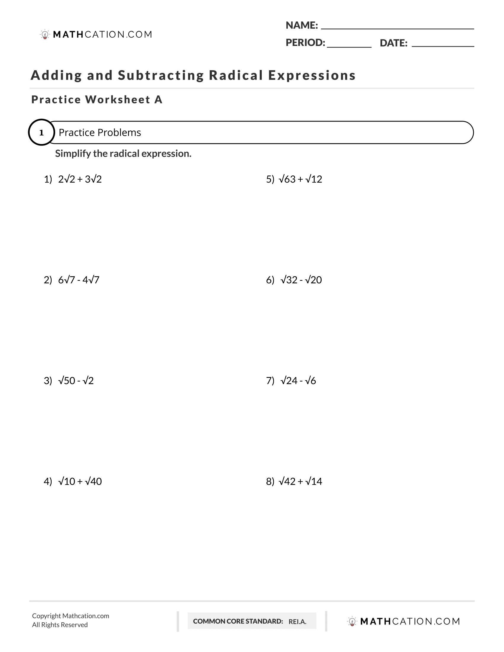 Adding And Subtracting Radical Expressions Worksheet Examples Worksheets Library