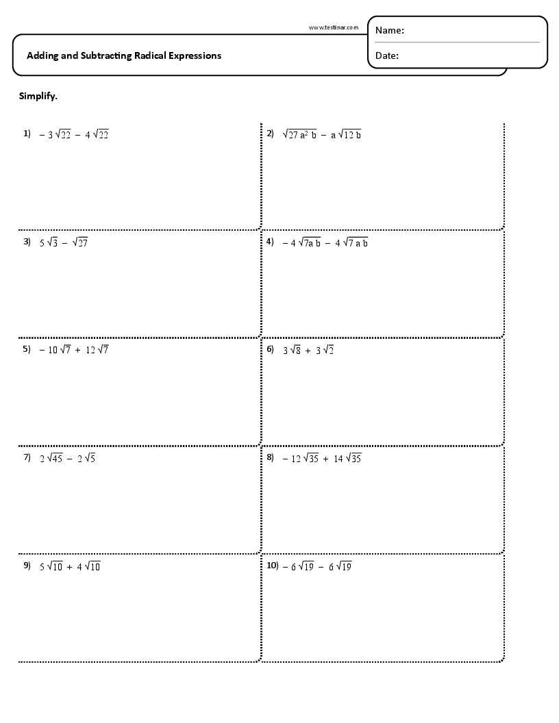 Adding And Subtracting Radical Expressions Worksheets