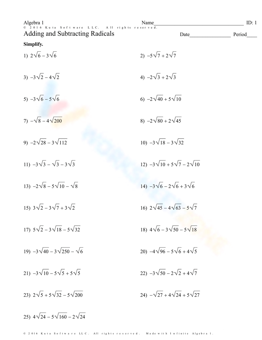 Adding And Subtracting Radicals Worksheets Collection
