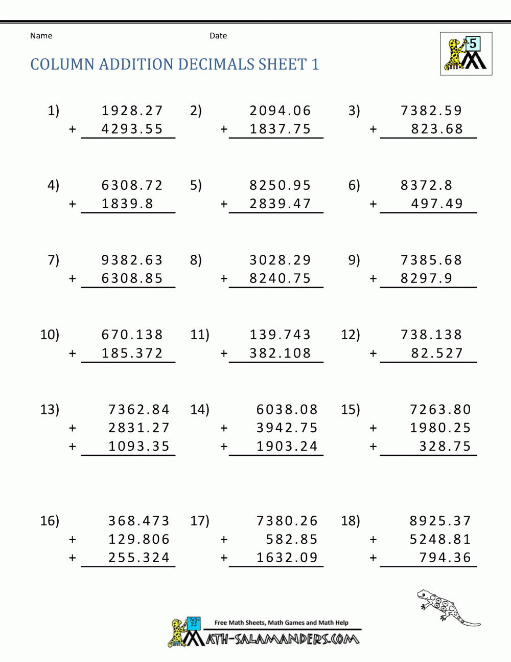 Adding Decimals Worksheet 5th Grade Adding Decimals Worksheet 5th Grade