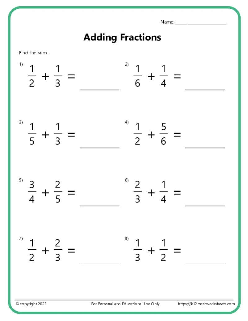 Adding Fractions With Unlike Denominators Worksheets Adding Fractions With Unlike Denominators Worksheets