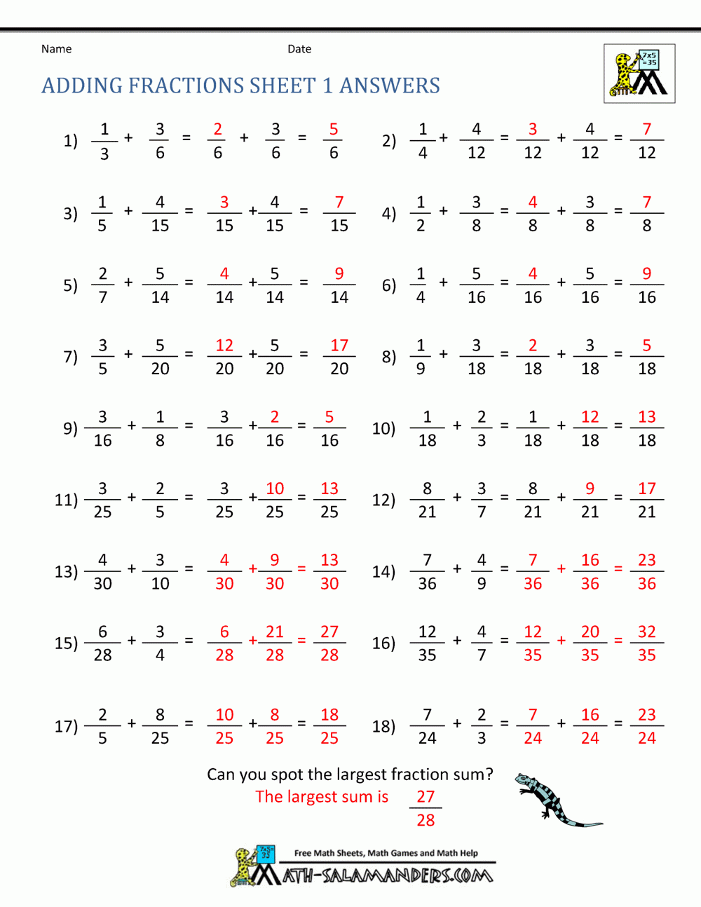 Adding Fractions Worksheets Adding Fractions Worksheets