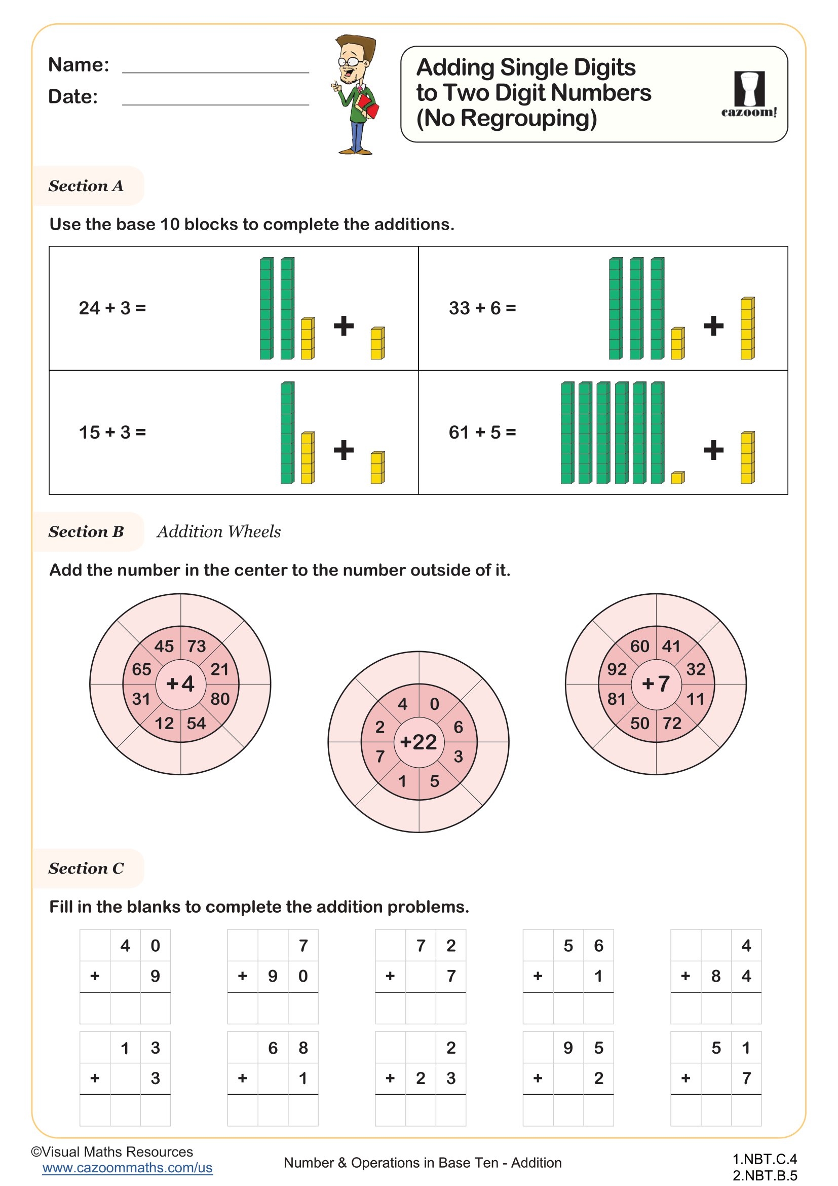Adding Single Digits To Two Digit Numbers No Regrouping Worksheet Printable 1st And 2nd Grade Number Worksheet