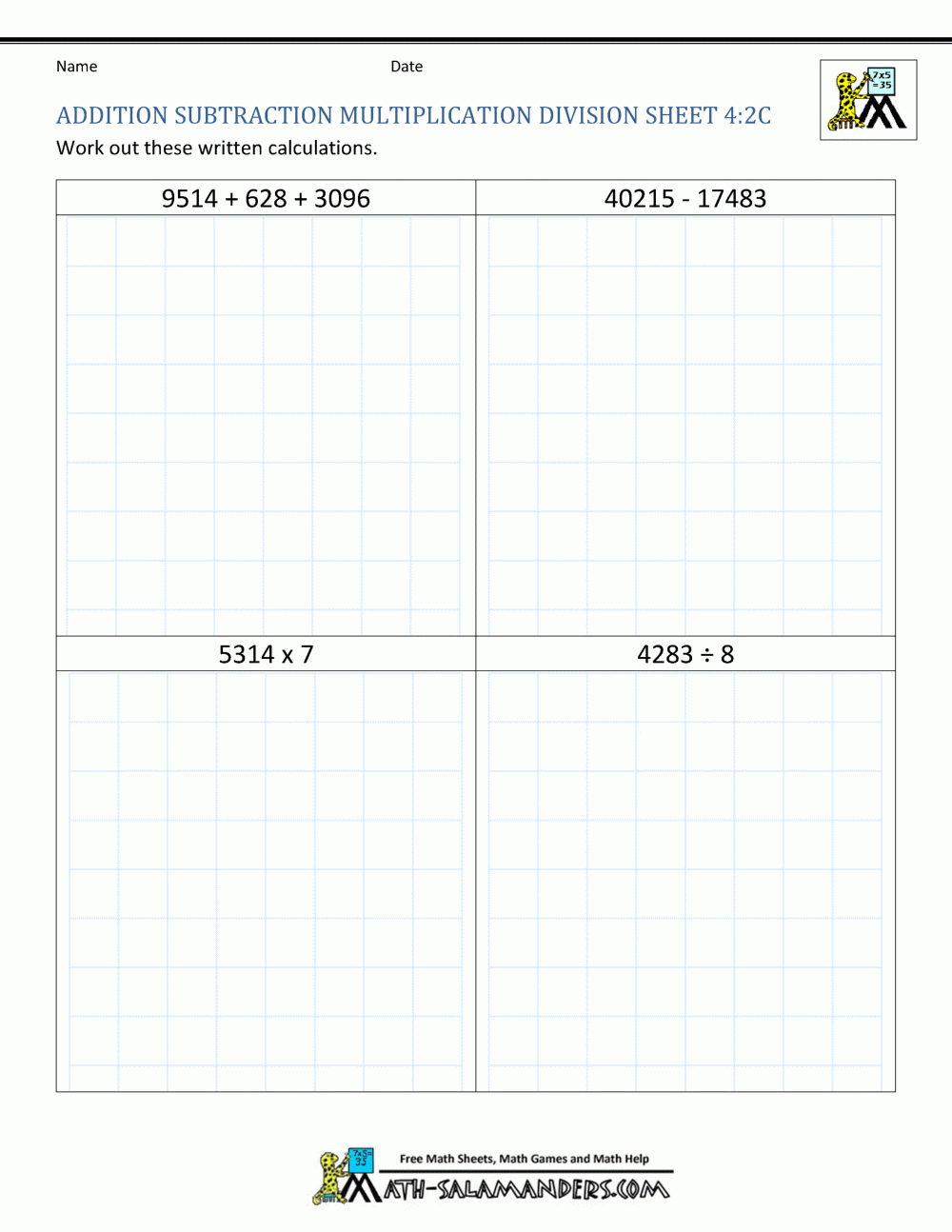 Addition Subtraction Multiplication Division Worksheets